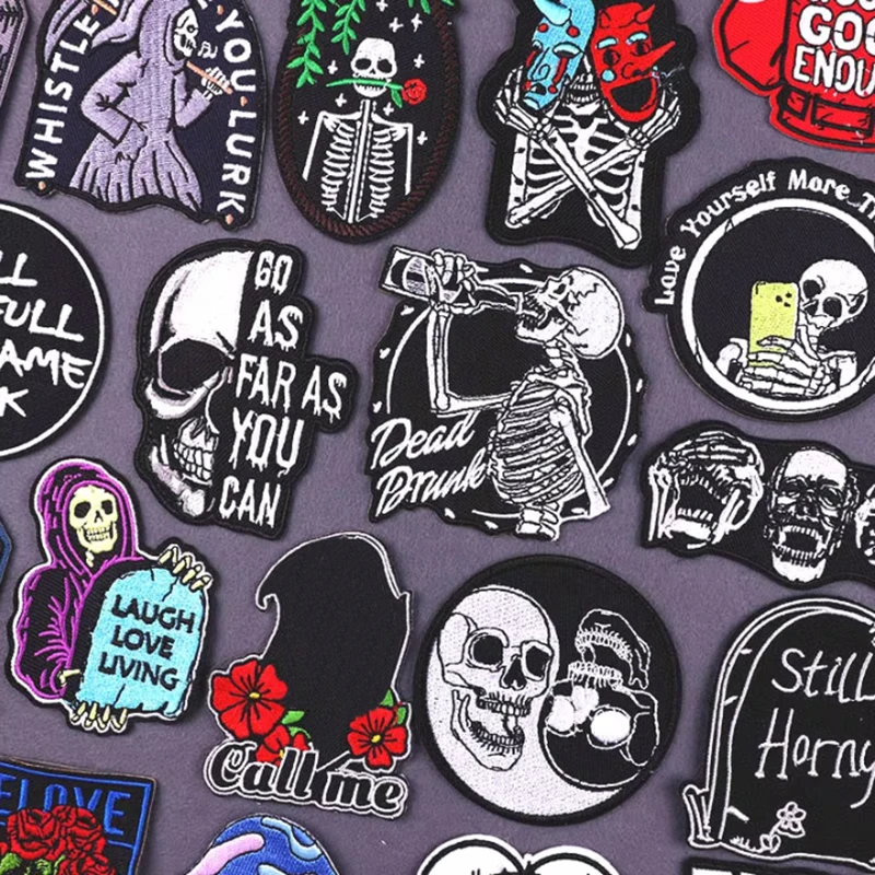 Black Skull Patch Iron On Patches On Clothes Punk Skeleton Embroidered Patches For Clothing Stickers Stripes Badges For Clothes