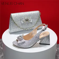 Elegant Grace Exquisite Silver Color New Coming Spike Heels Pointed Toe Shoes Matching Bag Set For Women Wedding Party Pump