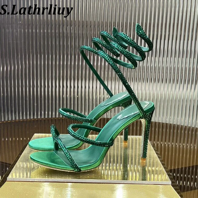 

Women's Elastic Band High-Heeled Sandals Summer Open Toed Gladiator Sandalias Shiny Crystal Base Shoes Sexy Party Dress Shoes