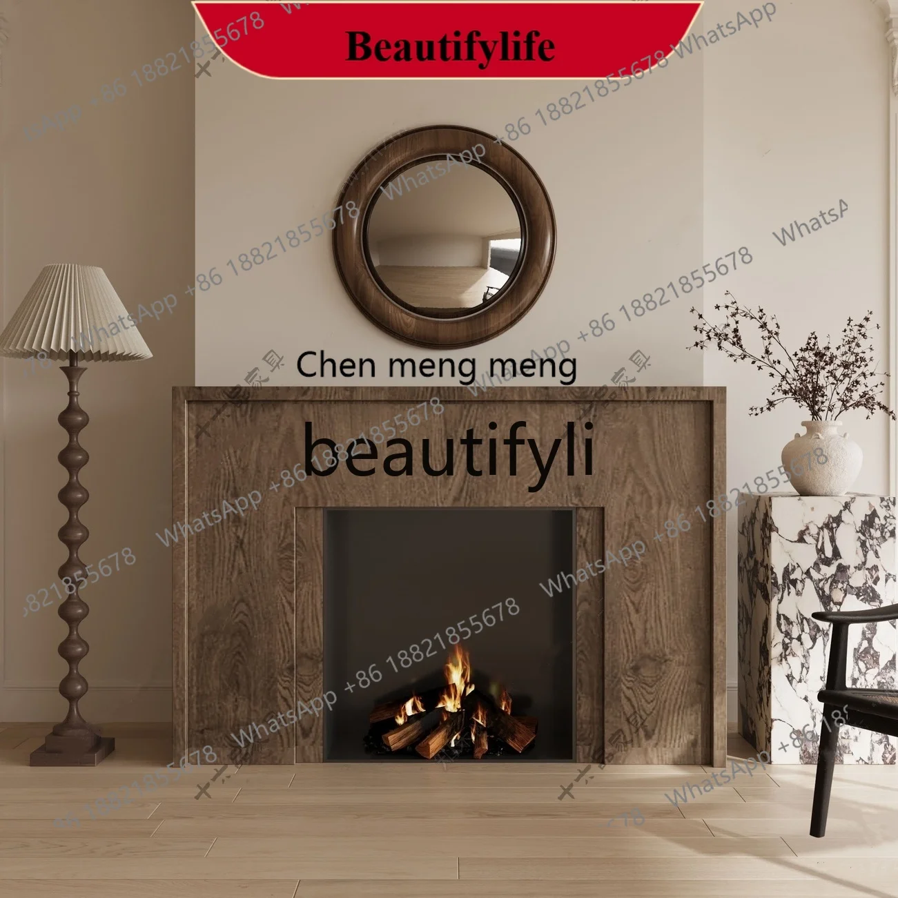 D178 French Vintage Style Solid Wood Fireplace Mantel American Retro Entryway Cabinet Quiet Background Wall Decorative Cabinet