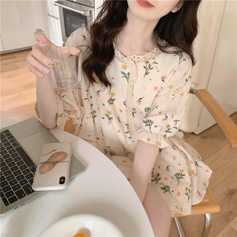 Cotton Pajamas For Women Spring Summer New Lace Floral Short Sleeved Shorts Sleepwear Set Oversized Loose Ladies Home Nightgown