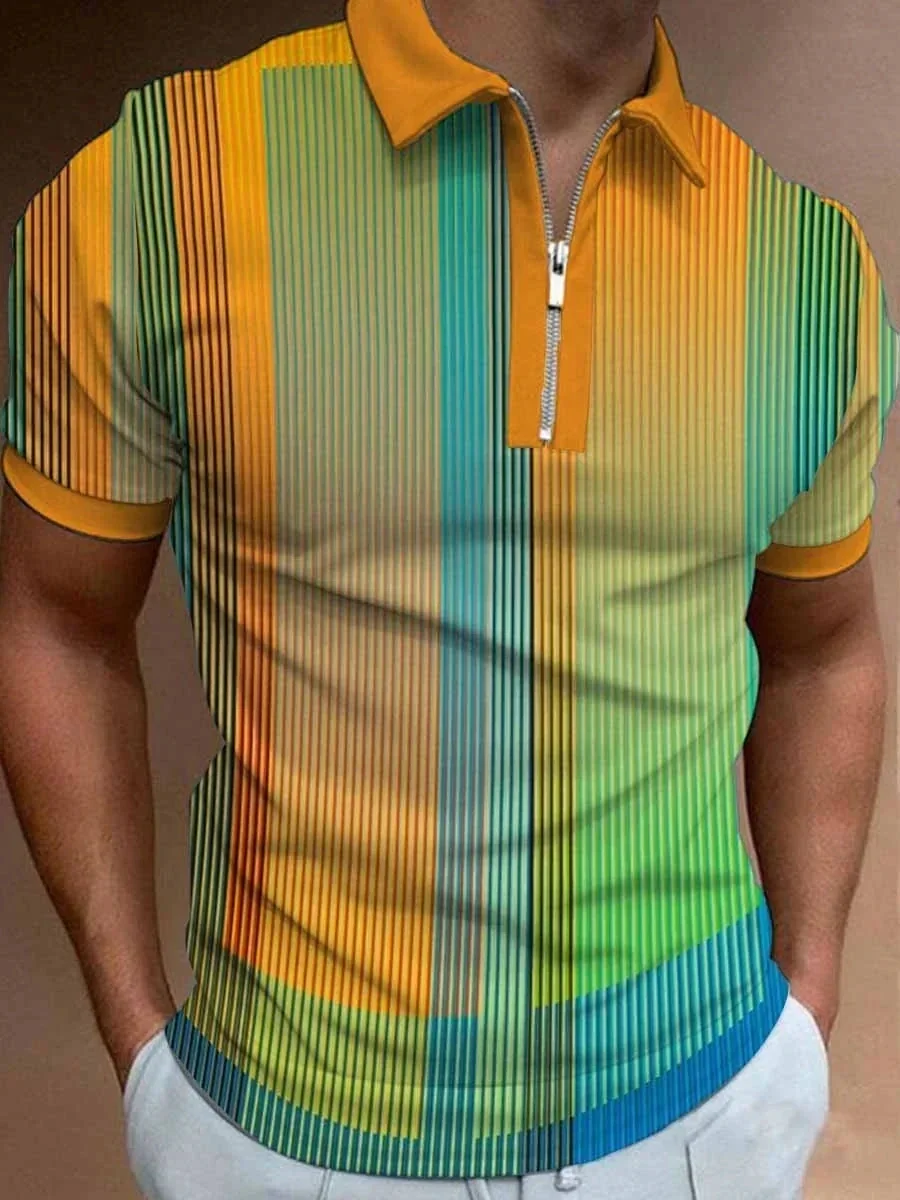 

Men's Stripe Art Print Polo Shirt 3D Printed Zip Up Polo Shirt Casual Collar Regular Fit Polo Shirt