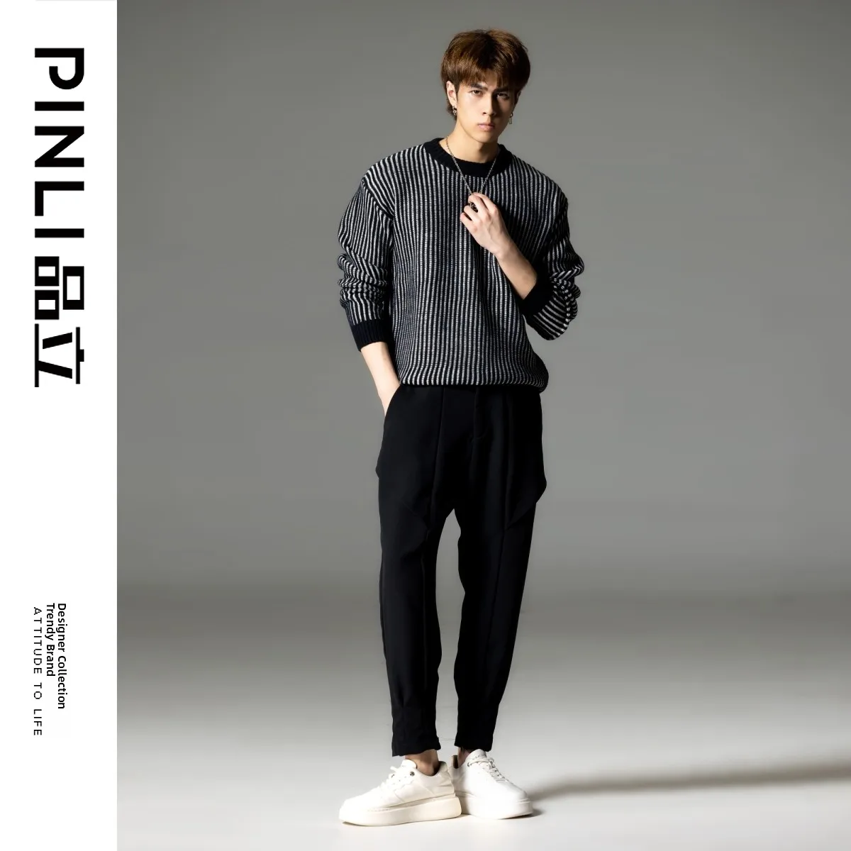 Suéter Masculino Tricotado PINLI, Estilo Faion com tras e Blocos de Cores, Gola Redonda, Nova Chegada de Inverno, Mistur...