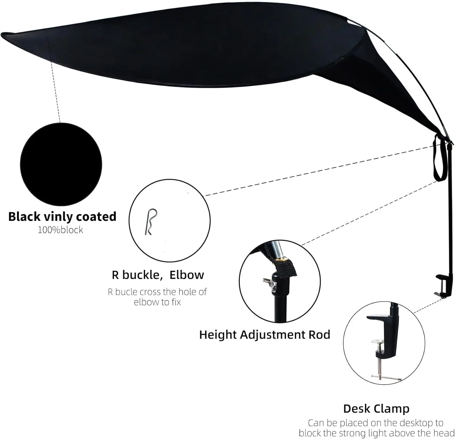 65" Office Cubicle Desk Shade for Light Sensitive Workers, Blocks Overhead Light, Ideal for Desks Black