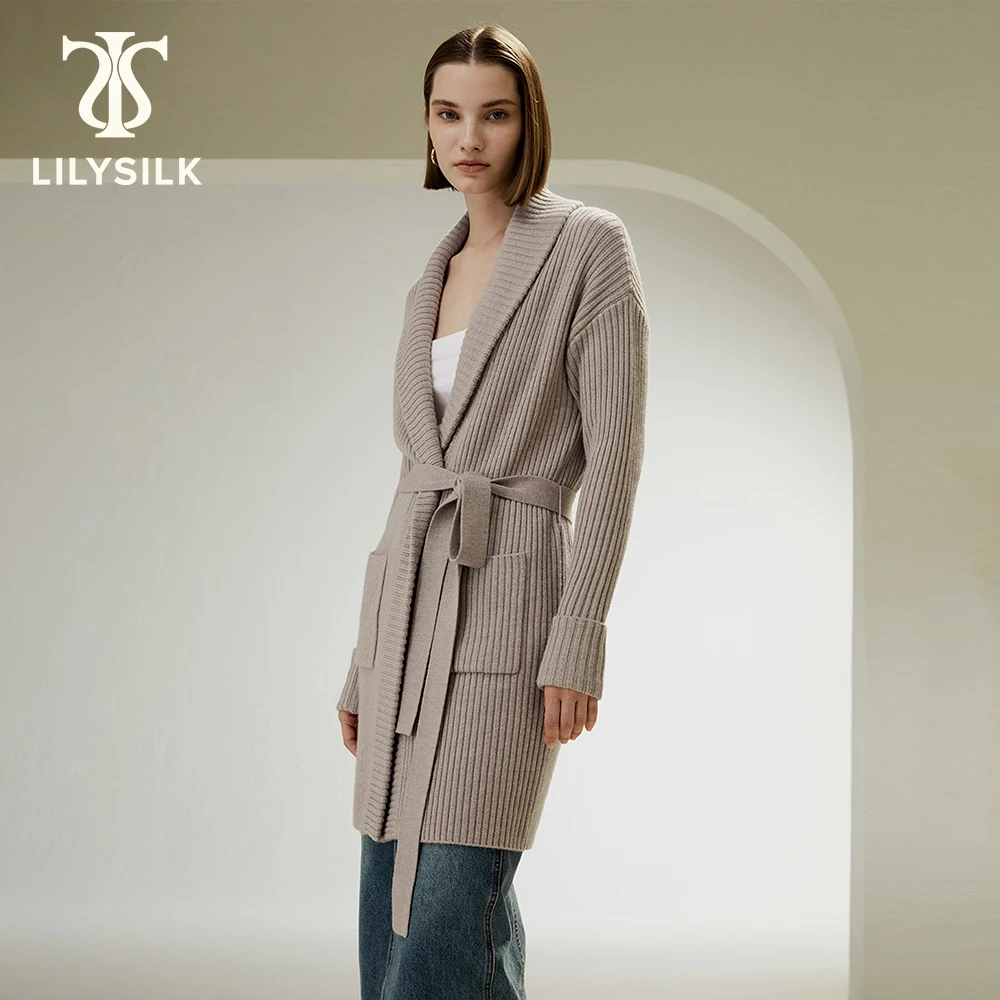 LILYSILK Wool Women's Cardigan 2023 New Winter Knit Lace Up Shawl Collar Versatile Casual Luxury Outerwear Free Shipping