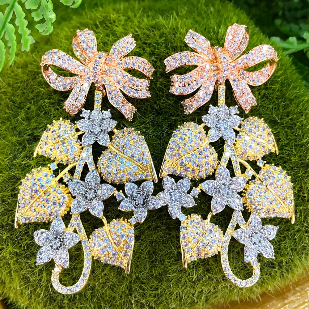 GODKI Luxury Pumpkin Leaf Flower Bowknot Nigerian Long Dangle Earrings For Women Wedding Zirconia CZ Dubai Gold Bridal Accessory