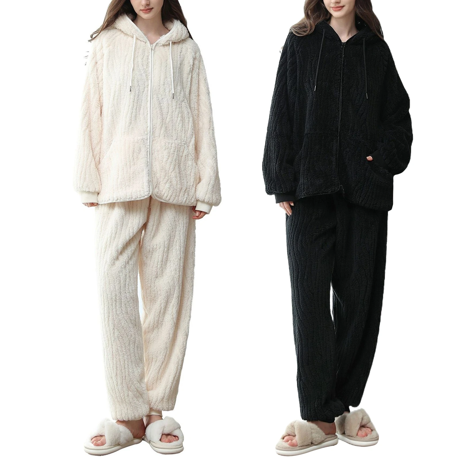 

Autumn/Winter Pajamas Sets Fleece-Lined Thickenedwarm Hooded Pajamas Comfortable Solid Color Couple Home Clothes Outer Wear