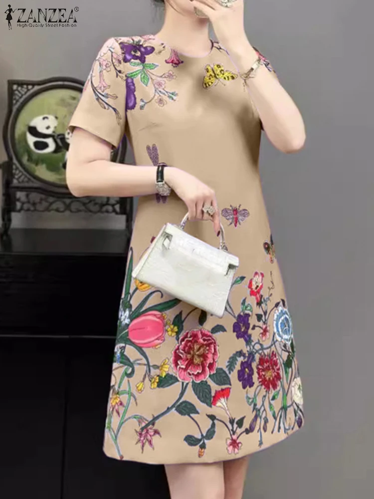 ZANZEA Elegant Women's A-line Vestidos O-Neck Korean Fashion Floral Printing Casual Mini Dress Party Short Sleeve T-shirt Robes