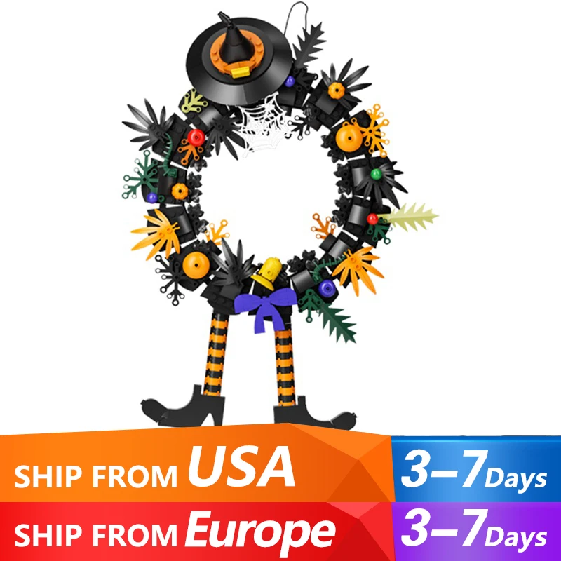 498PCS ChristmasWreath Building Blocks with Witch Hat Legs Wreath Pumpkin Wall Decoration DIY Puzzle Toys Gift for Adults Kid