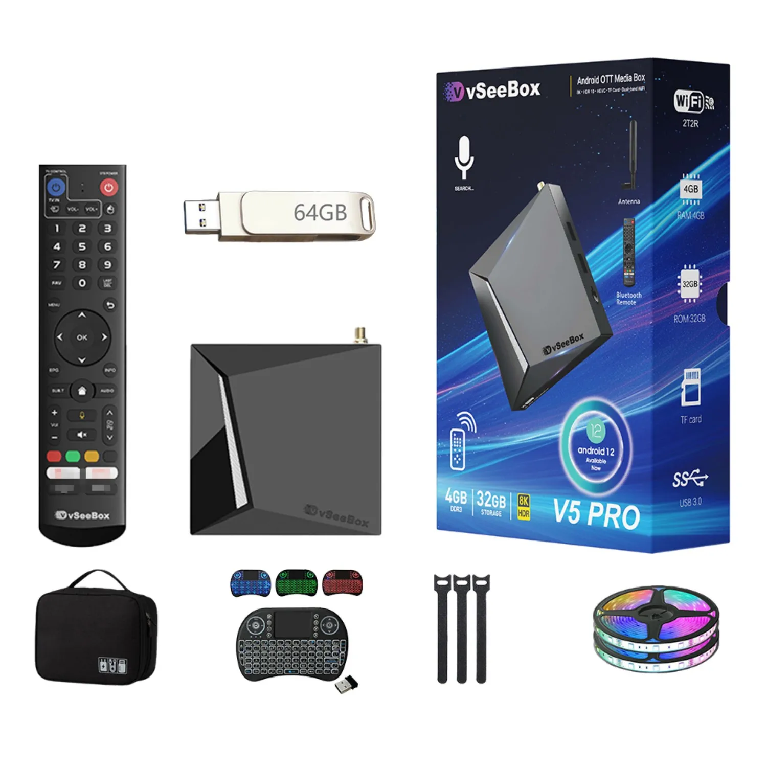 VseeBox V5 Pro 2025 Newest, 4GB RAM 32GB Storage, Voice Control, Parental Control, Android 12, Dual Band WiFi, 8K HDMI & Ethernet Cable