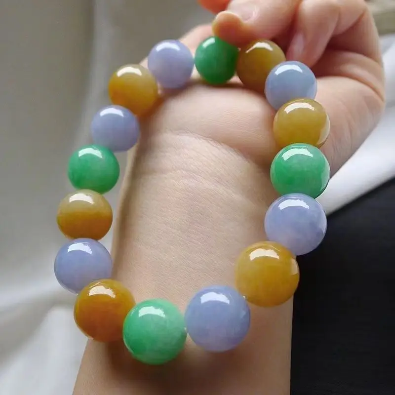 

a-Level Three-Color Bracelet Natural Multi-Treasure Full Green Jade Ice-like round Beads Fu Lu Shou