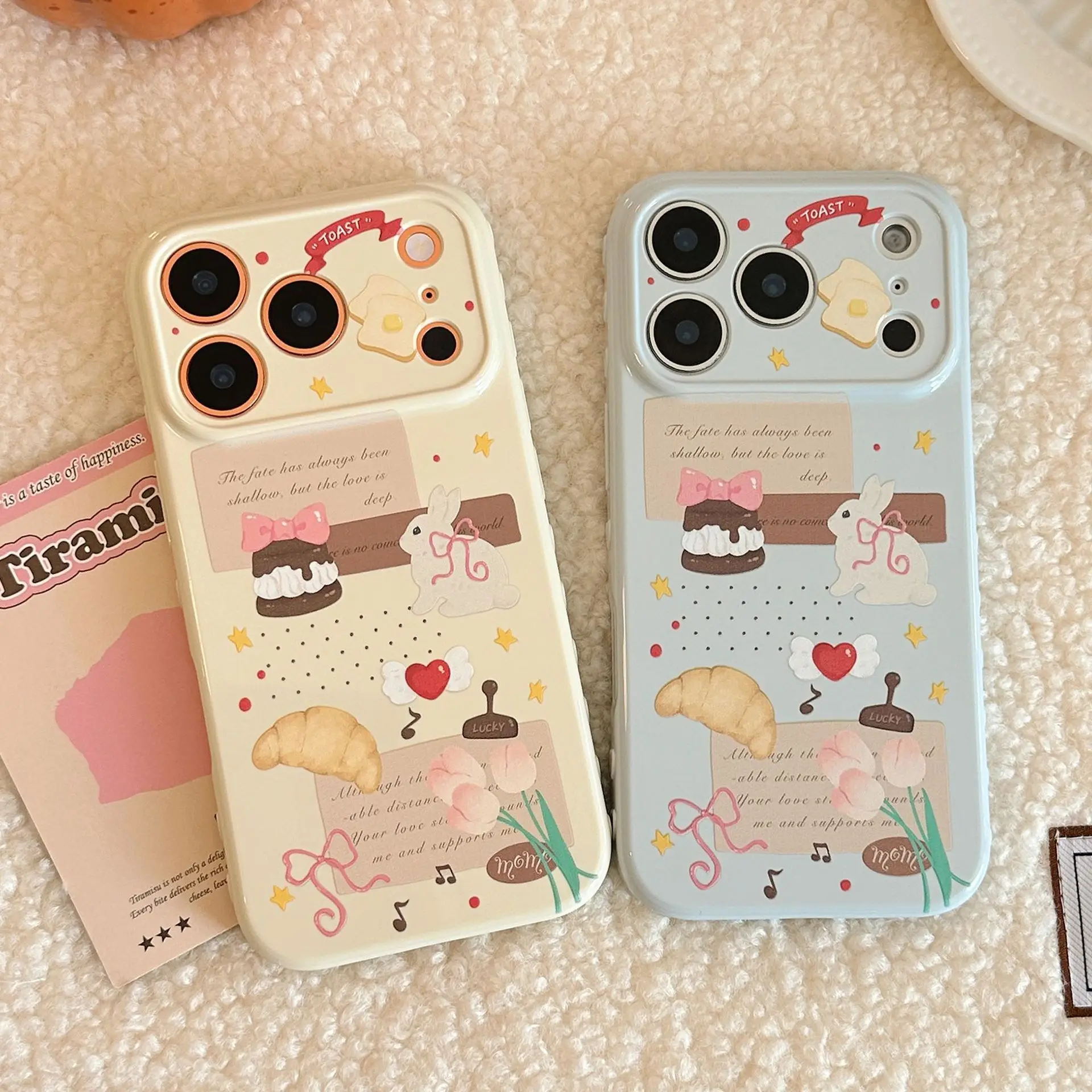 Koreanische süße Cartoon-Häschen-Brot-Etiketten-Muster-Handyhülle für iPhone 17, 16, 15, 14, 13, 12, Pro Max, stoßfeste, schützende weiche Abdeckung
