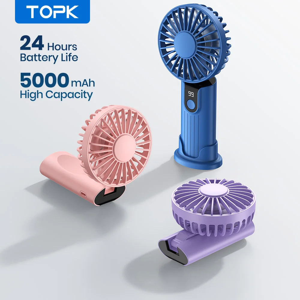 TOPK Portable Hand Held Fan,5000mAh 2-IN-1 Neck HandHeld Fan 180° Foldable Whisper-Quiet Brushless Motor Comes with Hanging Rope