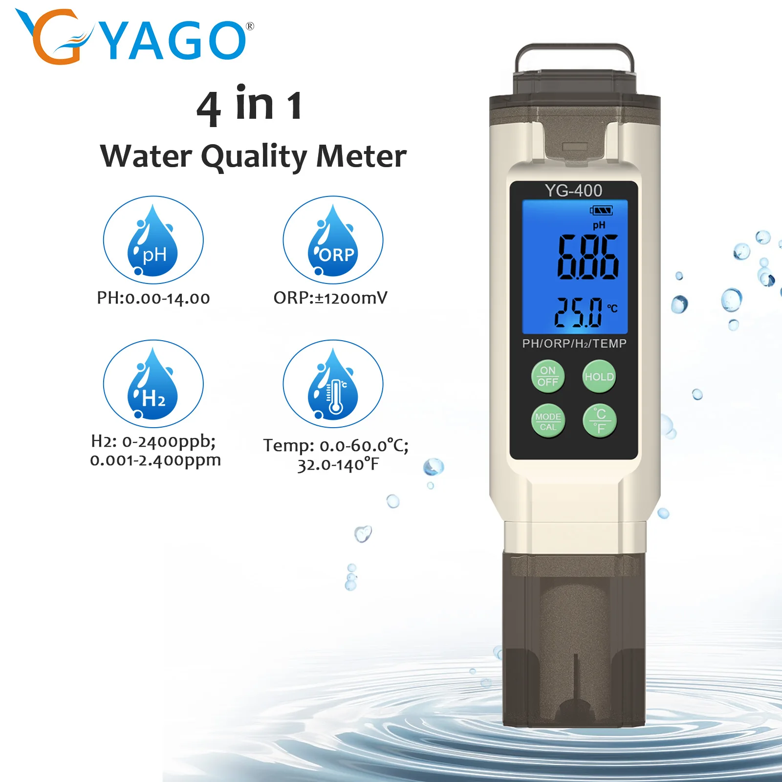 YAGO PH Meter for Water pH ORP Tester YG-400 Hydrogen TDS Temp Meter Aquarium Pool Hydroponics Drinking Water Quality Monitor