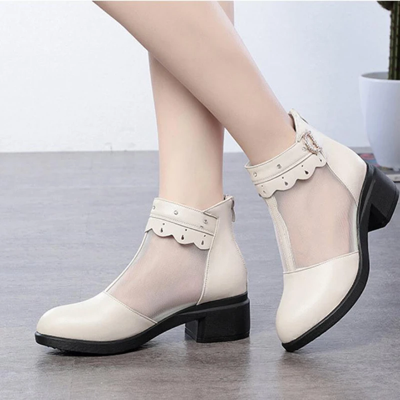 High Quality Mother Genuine Leather Roman Organza Ankle Boots for Women Mesh Breathable Sandals Shoes Summer New Cool Boots 2024