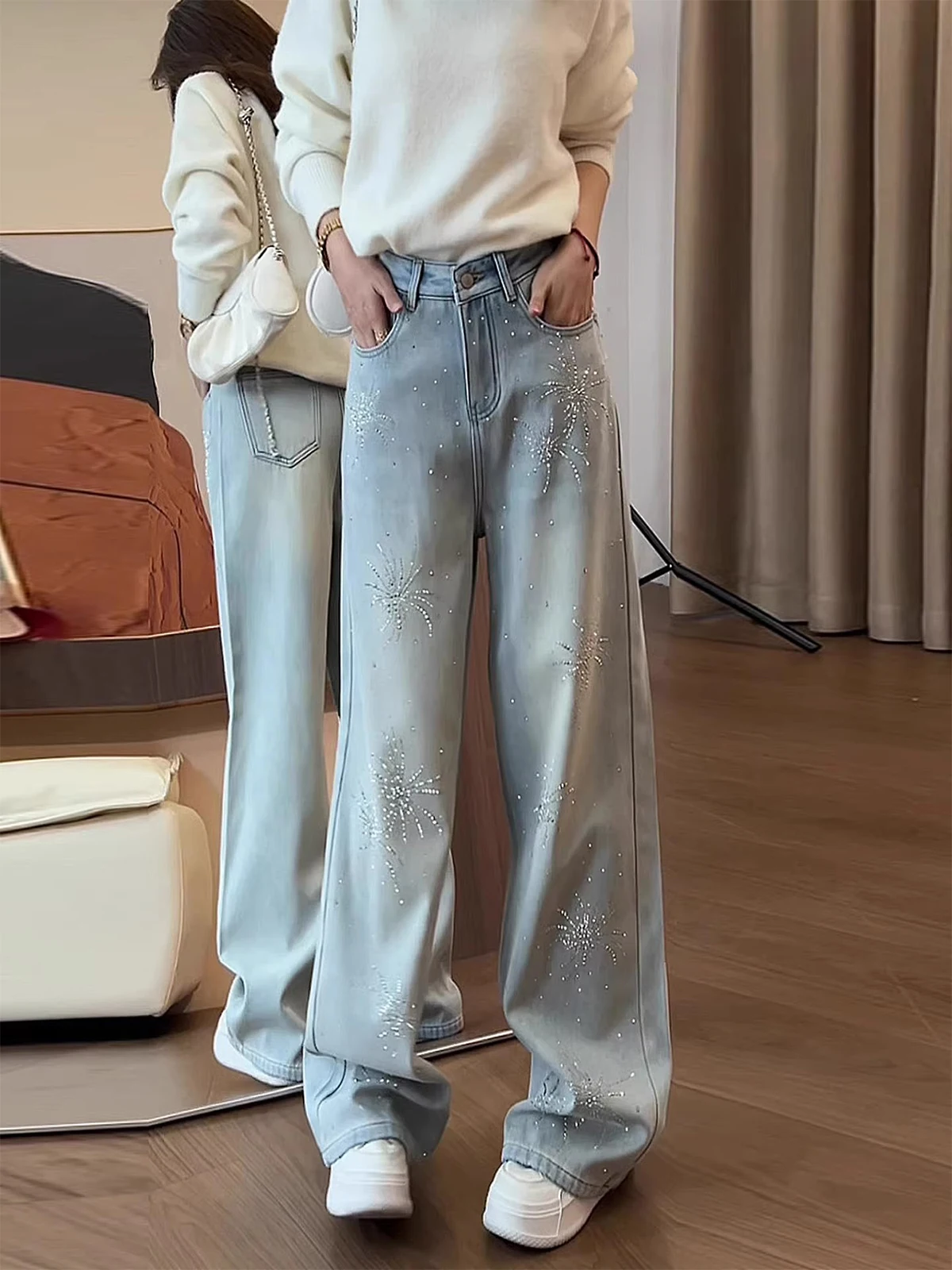 

Light Blue Glittery Wide Leg Denim Jeans Women's Fce Lined Loose Slimming Straight Cut Trousers Retro Sle High Waist