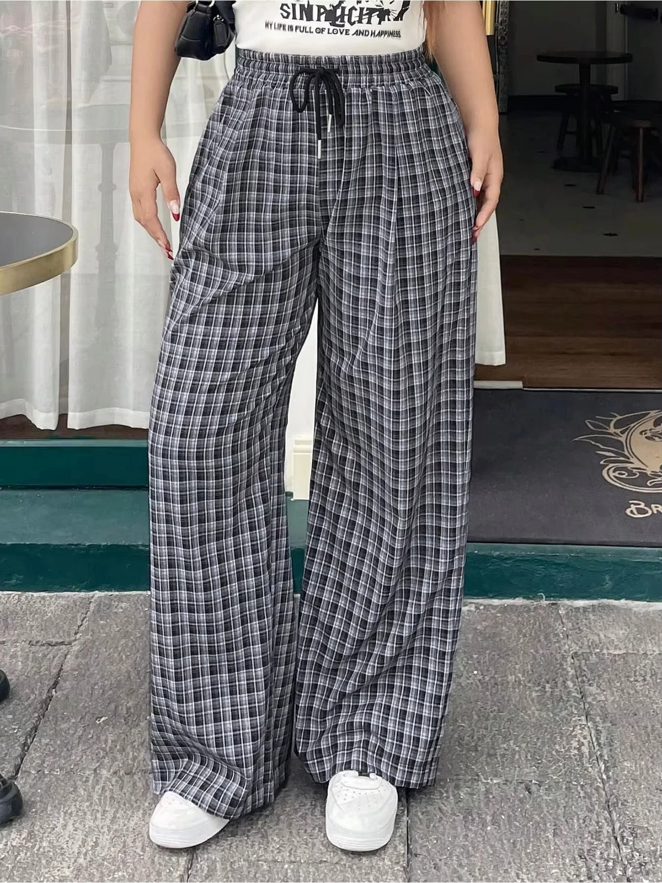 2026 Fashion Trend  Summer Casual Comfortable Loose Plus Size Women's Checkered Elastic Waistband Drawstring Wide Leg Pants