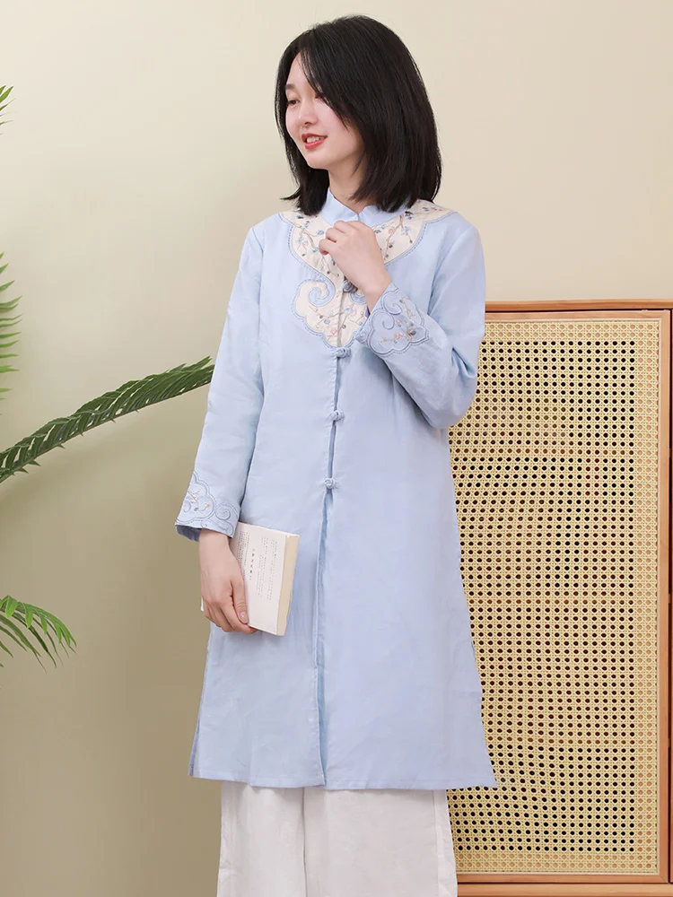 

New Chinese Zen Sle Mid-Length irt Ethnic Retro Pure Flax High-End Embroidery Spring Autumn irt National Sle Tea Clot...