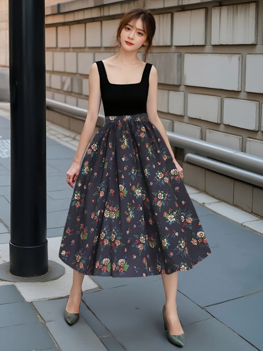 

Retro Floral Print f Skirt Umbrella Skirt Slimming High Waist Cotton Cloth Autumn Winter New Sle Mid-Length Ele