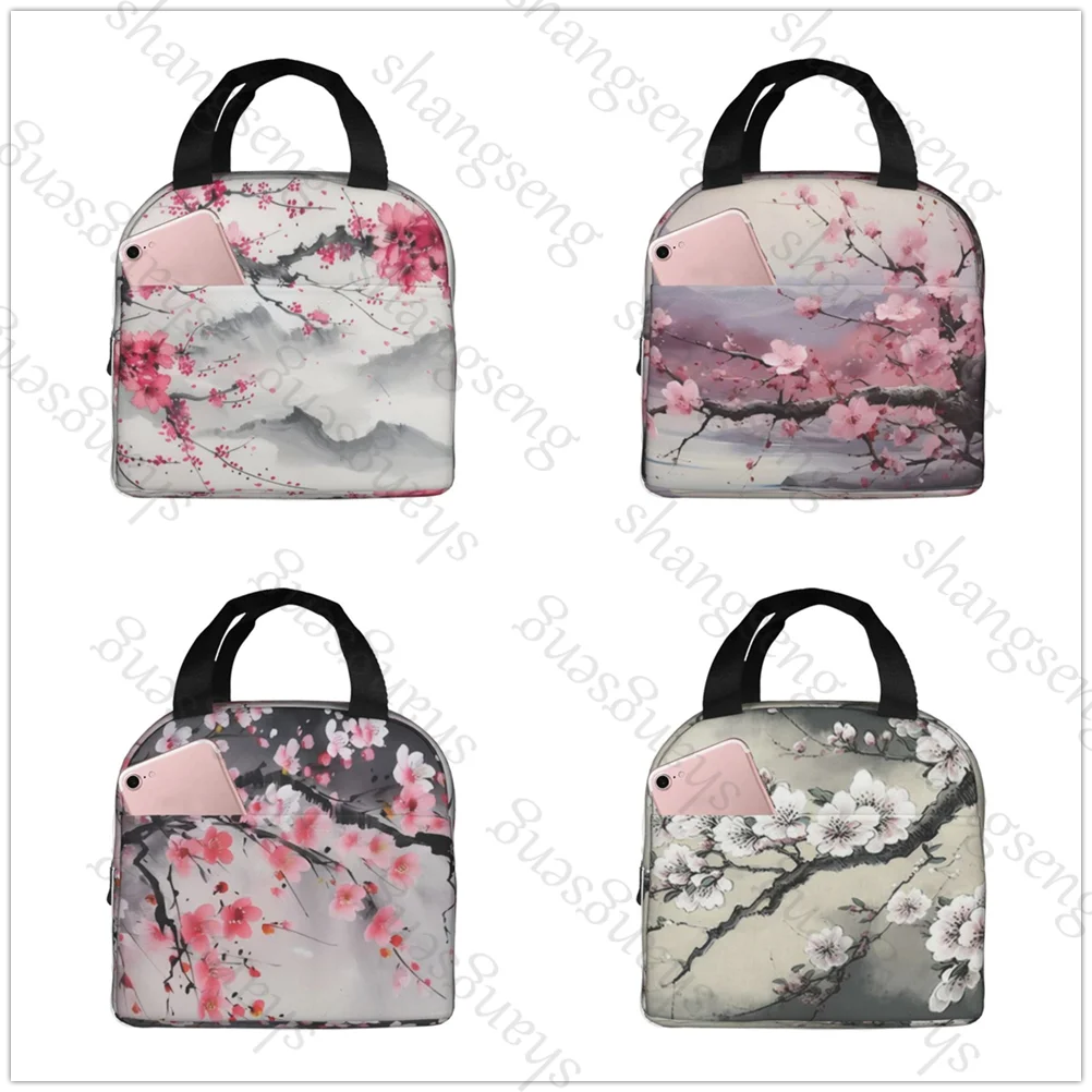 Ink painting cherry blossoms Print Insulated Thermal Bag Lunch bag Foods Drink Storage Leakproof Picnic Camping Bags Box beach