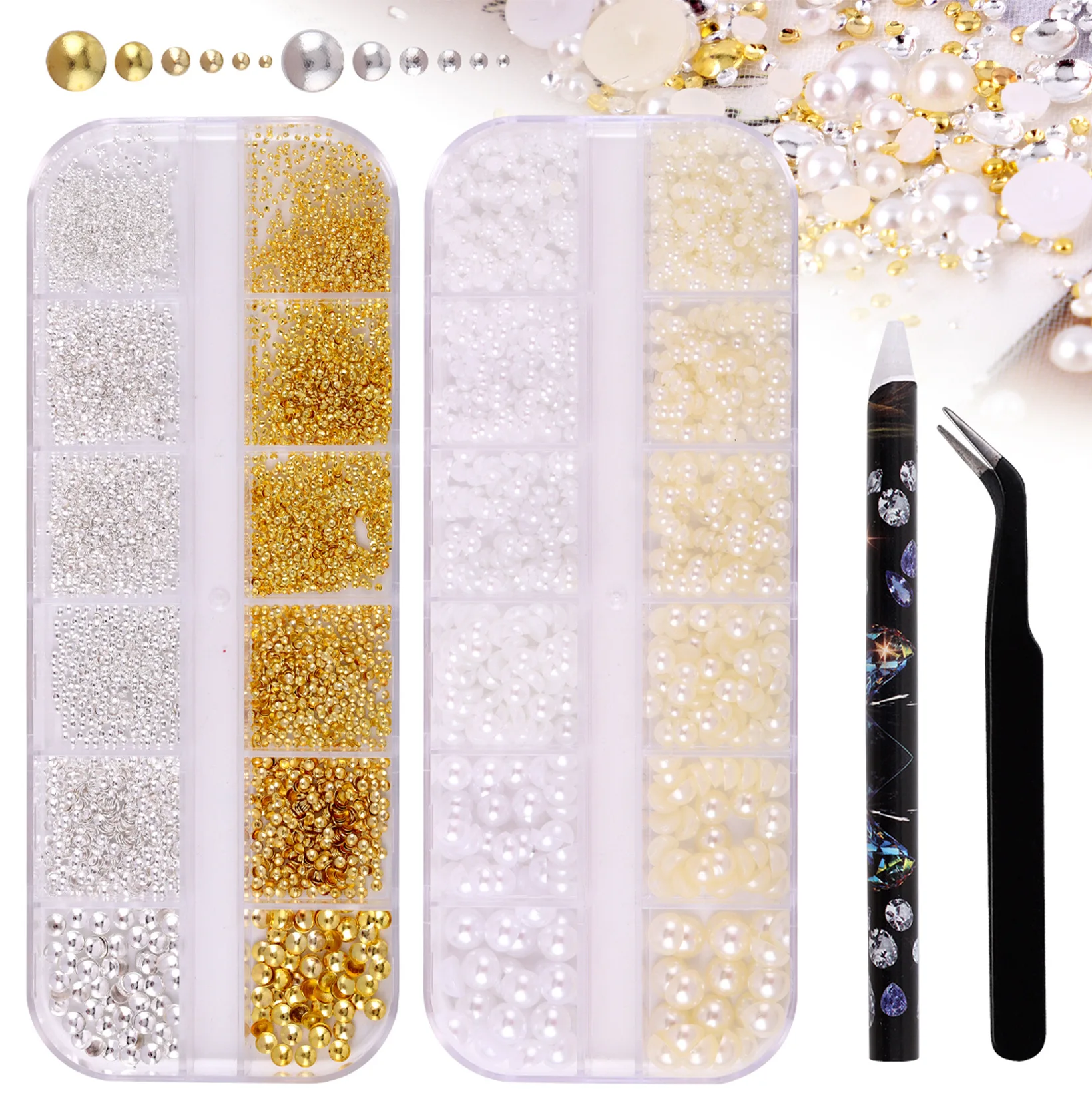 مجموعة فنية أظافر لؤلؤية صغيرة - أحجار الراين، ترصيع، سحر لتصميم الأظافر بنفسك، مجموعة إكسسوارات تزيين الأظافر