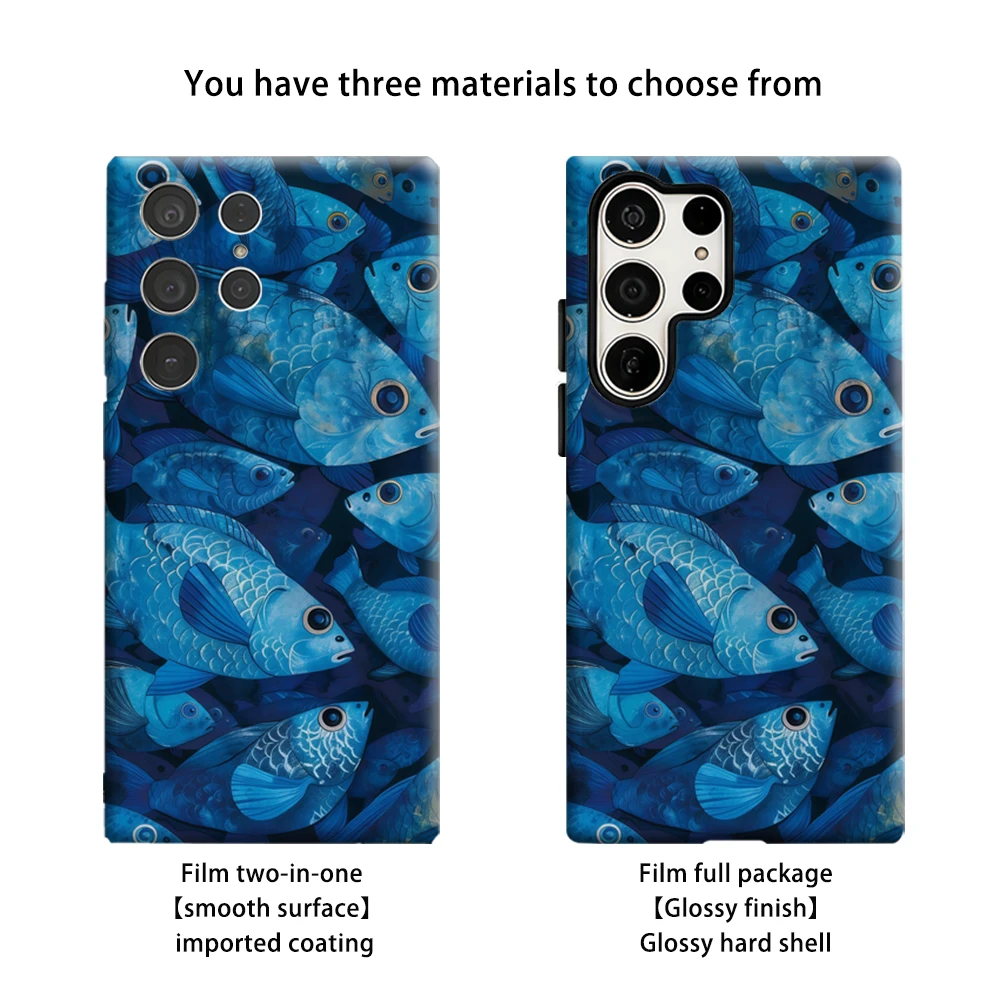 Azure Fish Swarm Fantasy Phone Case for Samsung Galaxy S25 Ultra S24 S23 Ultra Plus Shockproof Double Layer Back Cover