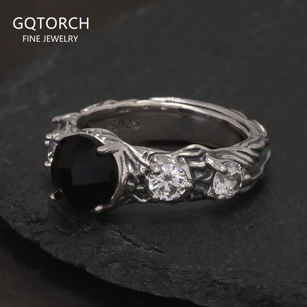 

Vintage Round Black Onyx Engagement Ring for Women 925 Sterling Silver Natural Onyx Stone Zircon Adjustable High Quality Jewelry