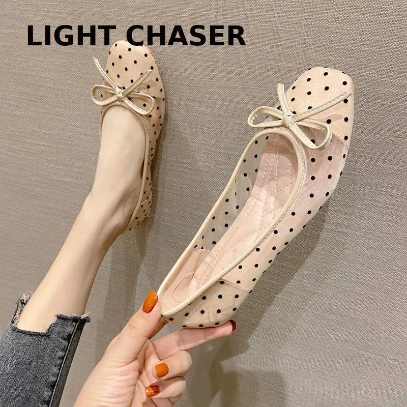 Square Toe Flat Shoes Women's Casual Loafers 2022 Spring And Summer New Polka Dot Breathable Mesh Bow Shallow Soft Sole Shoes