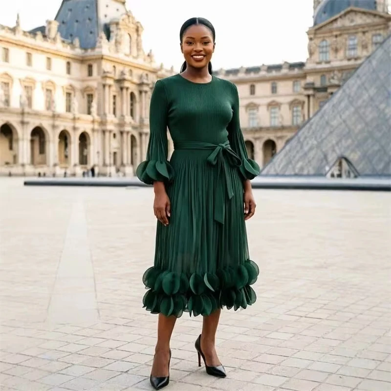 ANLAN Niche Women's Pleated Dress Fashion Solid Color Elegant Round Embellishments Patchwork Design Famale Clothing 8AN5701