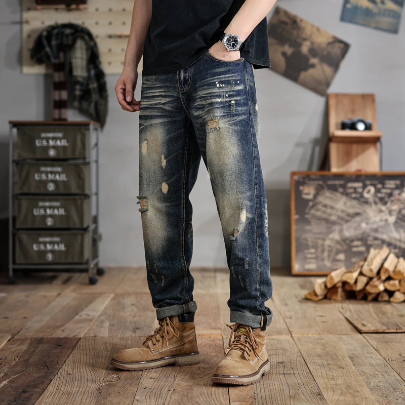 

2024Summer New Ripped Jeans Men's Large Size Loose Elastic Retro Worn Looking Washed-out Casual All-Matching190KGPants28-48Size