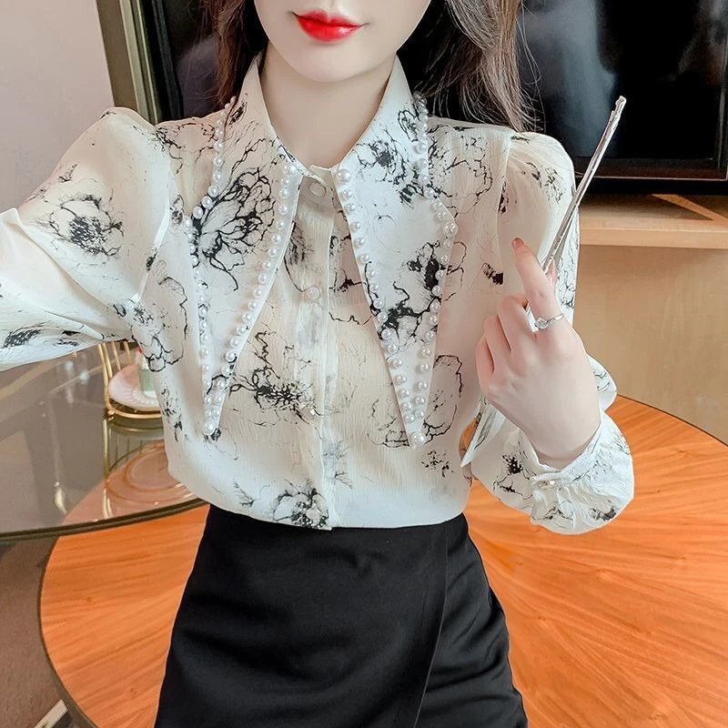 

Women's Floral Print Chiffon Blouse Long Sleeve with Beaded Pointed Collar Loose Fit Autumn Casual Top Slimming Elegant Shirt​