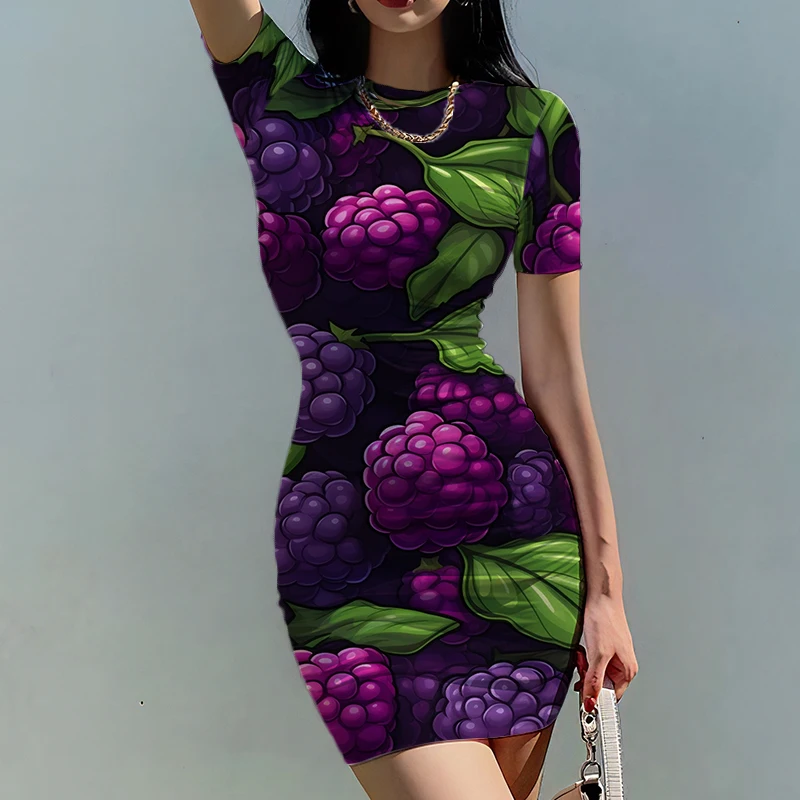 

Summer new ladies slim dress raspberry fruit 3D printed lady dress beautiful lady slim dress fashion trend lady slim dress