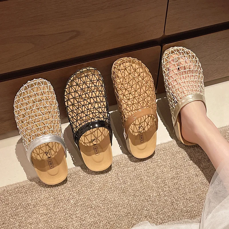 

Women's Summer Open-Toe Slip-On Hollow Out Breathable Thick Heel Sandals Rubber Bottom Net Cloth Casual Slippers Shoes