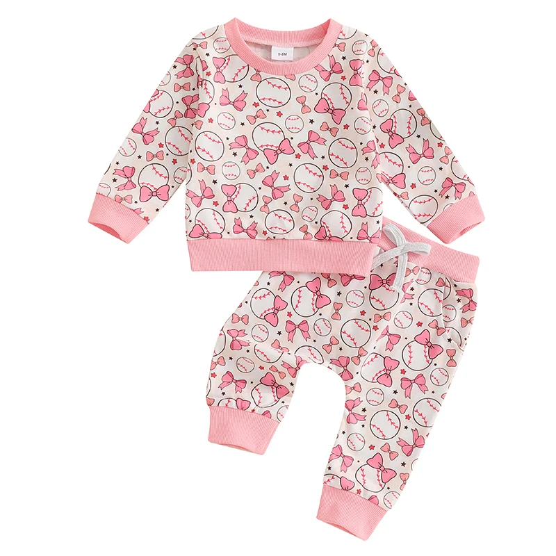 Roupa de 2 peças para bebês meninas, moletom com estampa de laço, manga comprida, gola redonda e calça de moletom com cintura elástica, roupas de outono