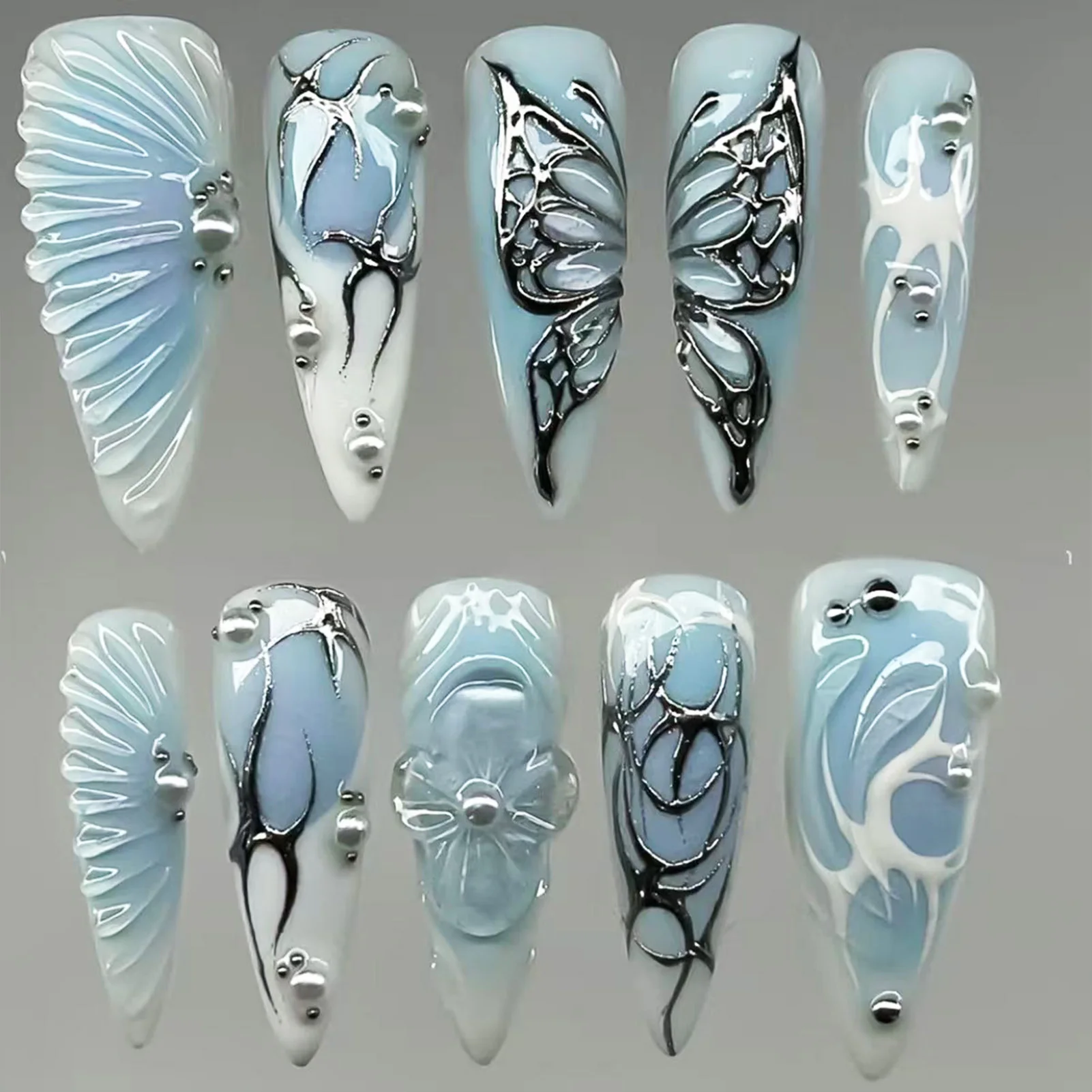 10pcs Punk Style Handmade Press On Nails Flash Rhinestone Textured Almond False Nails 3D Relief Flower Sweet Cool Fake Nail Tips