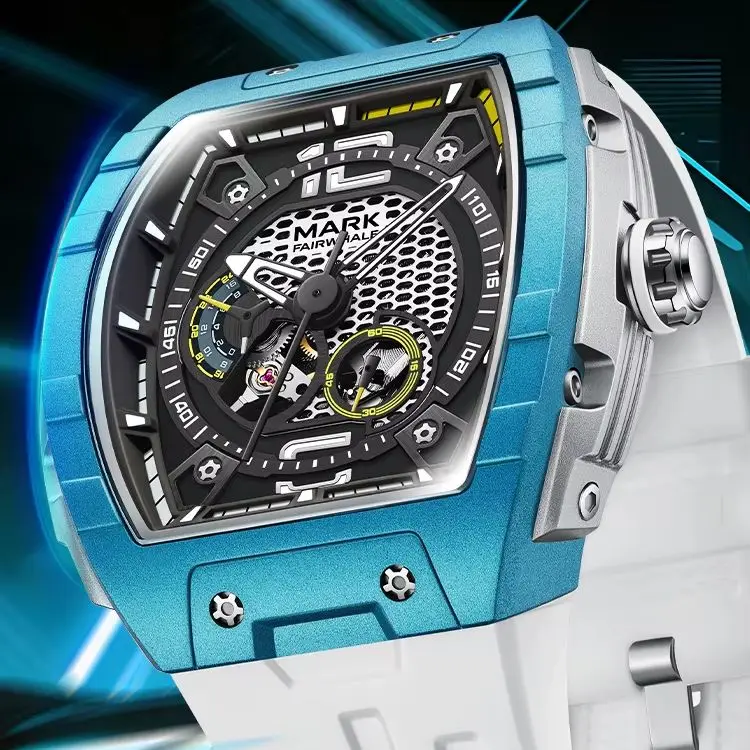 

Мужские автоматические часы Mark Fairwhale 46 мм, механические наручные часы Tonneau с люминесцентным скелетонизированным циферблатом