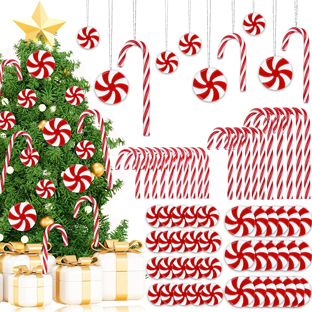 

48 Pcs Christmas Candy Canes Ornaments Plastic Candy Cane Peppermint Tree Hanging Decoration Xmas Crafts Holiday Party Favors