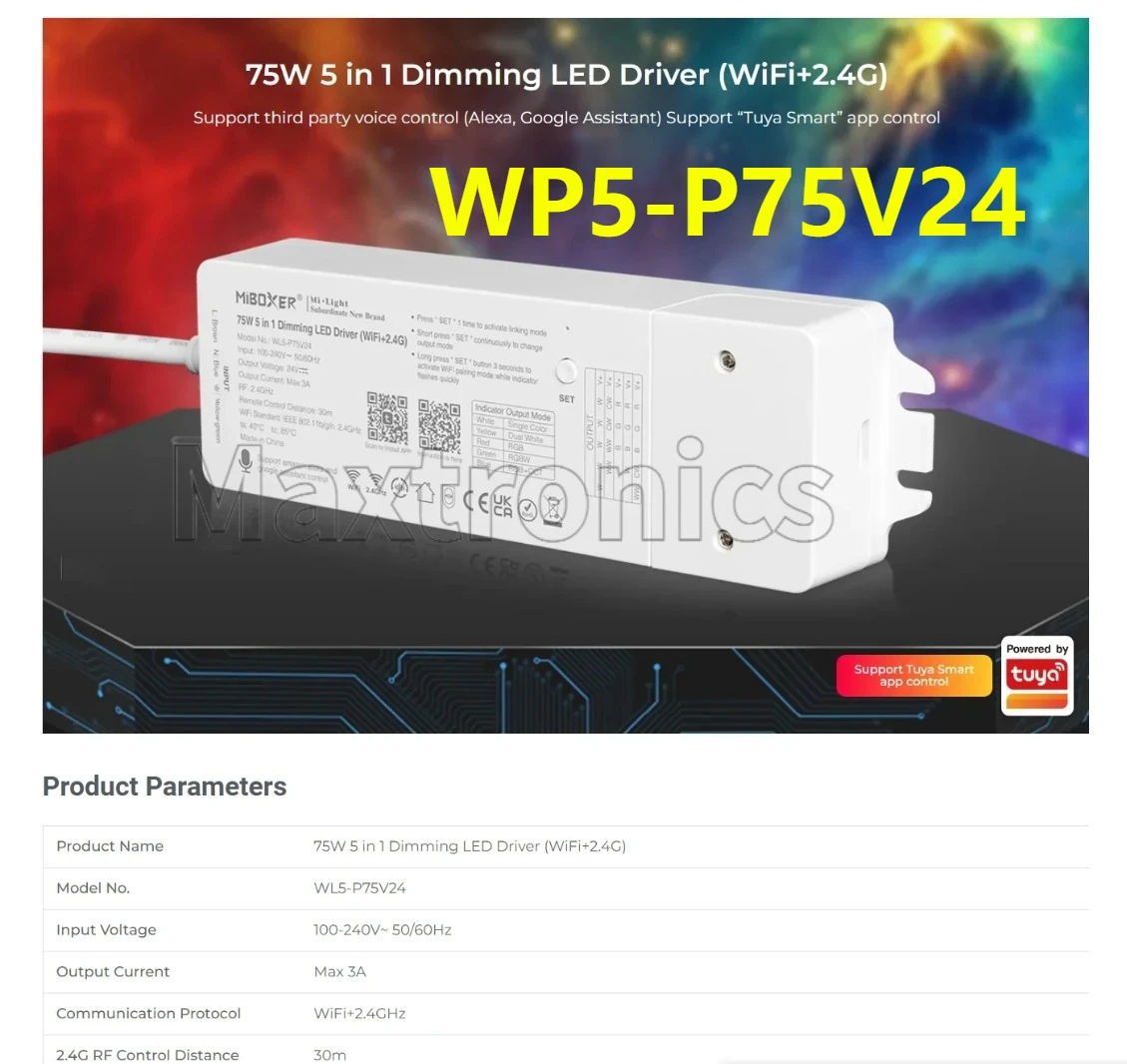 WiFi 2.4G 5 in 1 Dimming LED Driver DC24V 75W/150W Waterproof Wireless RF Control Power Single Color Dual White RGB RGBW RGB+CCT