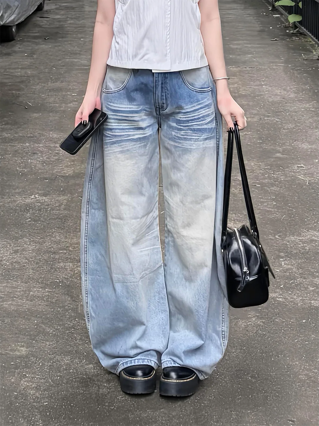 

Summer 2026 High Waist Wide Leg American Style Denim Jeans Women's Washed Slimming Thin Retro BF Lazy Style Casual Pure Color