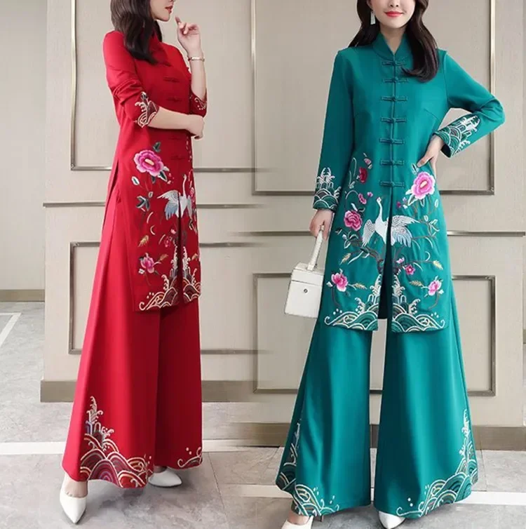 4XL Vietnam Aodai Chinese Style Long Dress Qipao Chinese Cheongsam Dress Traditional Chinoise two pieces Women Pants Suits RH710