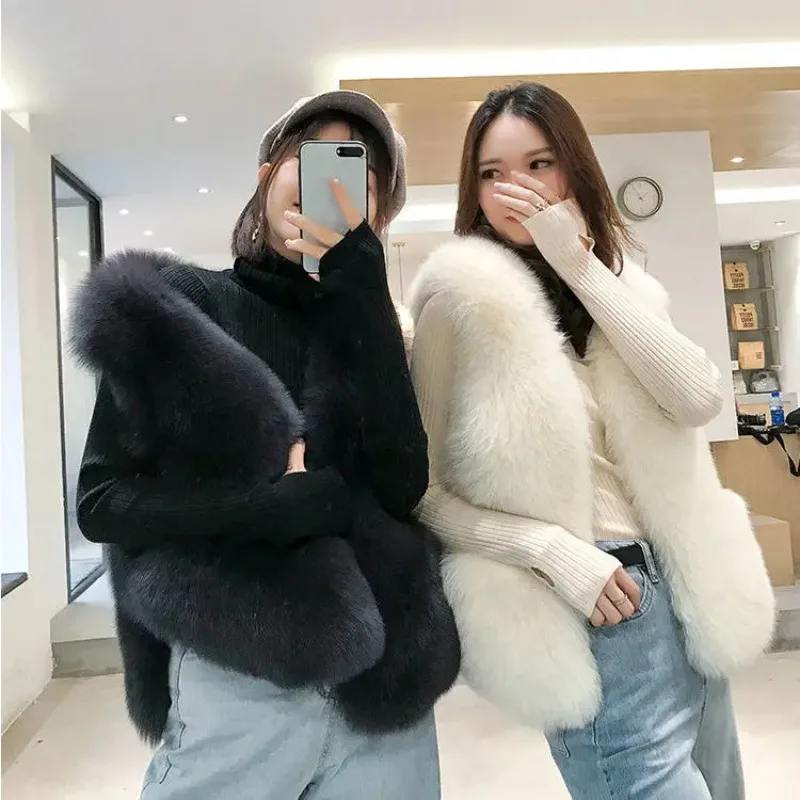 Winter Faux Fur Vest Coat Women Casual Thickening Keep Warm Jackets Fake Fluffy Zipper Fly Solid Color Elegant Casaco N52