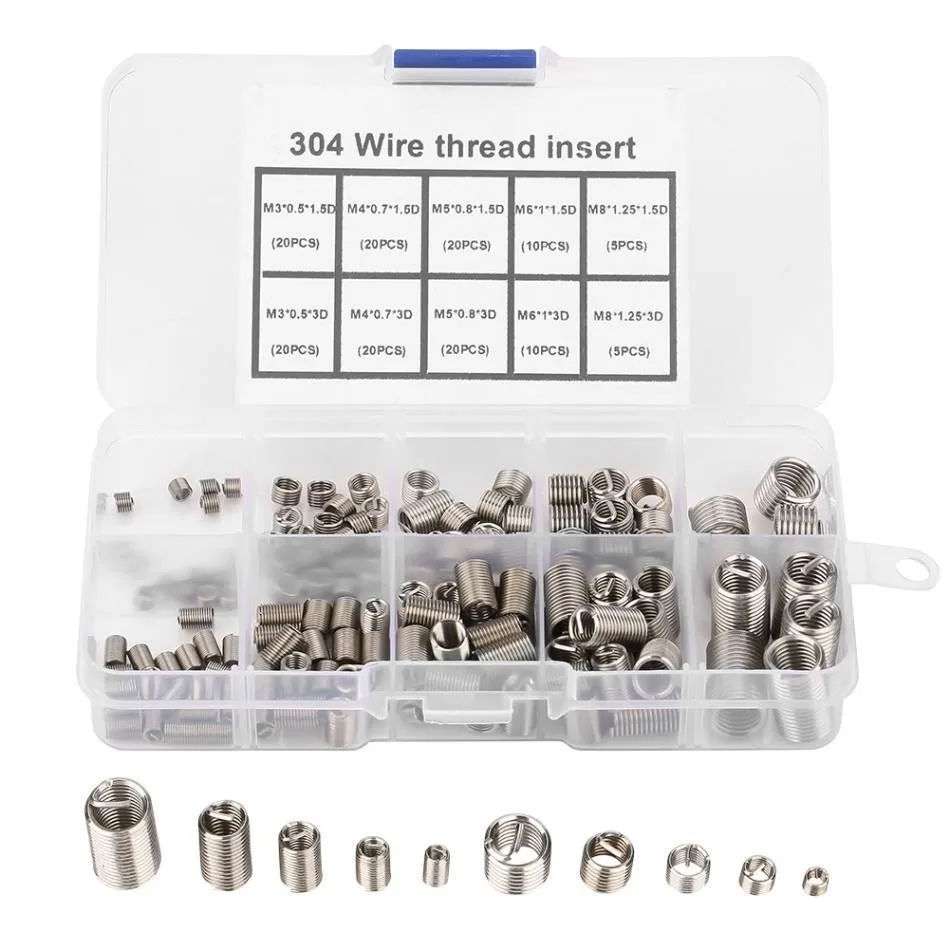 304Stainless Steel Thread Insert Spiral Thread Repair Kit Screw Metric Helicoil Type Automotive Repairs Nuts Screw Sleeve