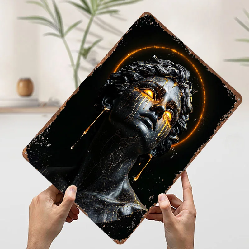 العقل هو كل شيء: ملصق معدني على شكل سمكة ذهبية مع زعانف القرش، علامات قصدير معدنية قابلة للتخصيص لتزيين جدران الفن، كهف رجل