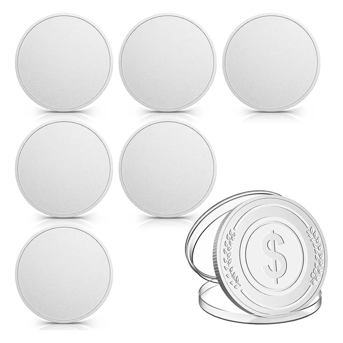 6Pcs Blank Challenge Coins, Acrylic Protective Box Laser Engraved Patterns for DIY Crafts Birthday Travel Silver