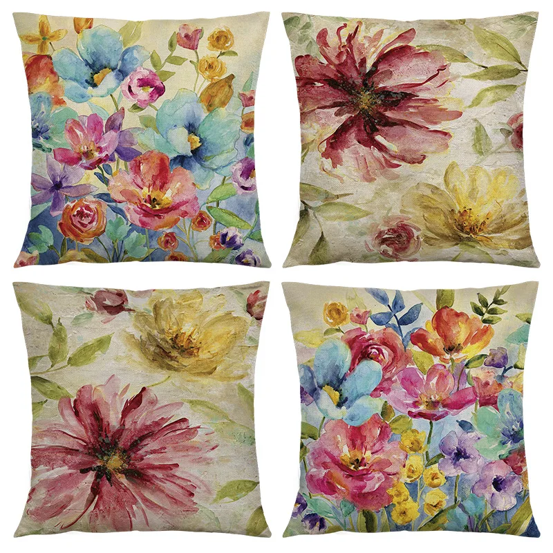 

Colorful Watercolor Painting Pillowcase Flower Cotton Linen Pillow Cover Decorative Living Room Sofa Bedroom Pillow Case 45x45