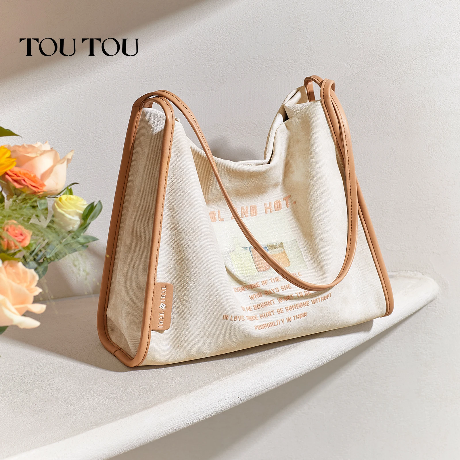 

TOUTOU Oil Painting Leather Tote Bag Large Capacity Versatile Commuter Luxury Underarm Bag Women New Back To School Shoulder Bag