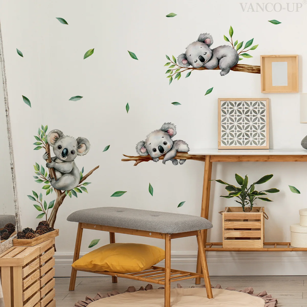 Cartoon Koala Climbing Tree Branch Wall Stickers Kids Room Children's Room Kindergarten Wall Decoration Wallpaper Murals PVC