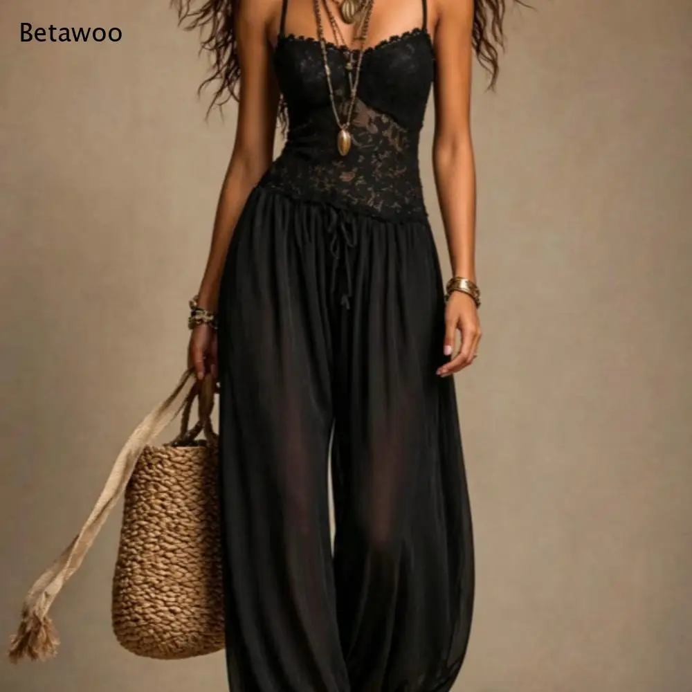 Women Lace Cami Jumpsuit Sleeveless Flowy Baggy Pants Boho Style One Piece Outfit Suitable for Trips Holiday and Daily