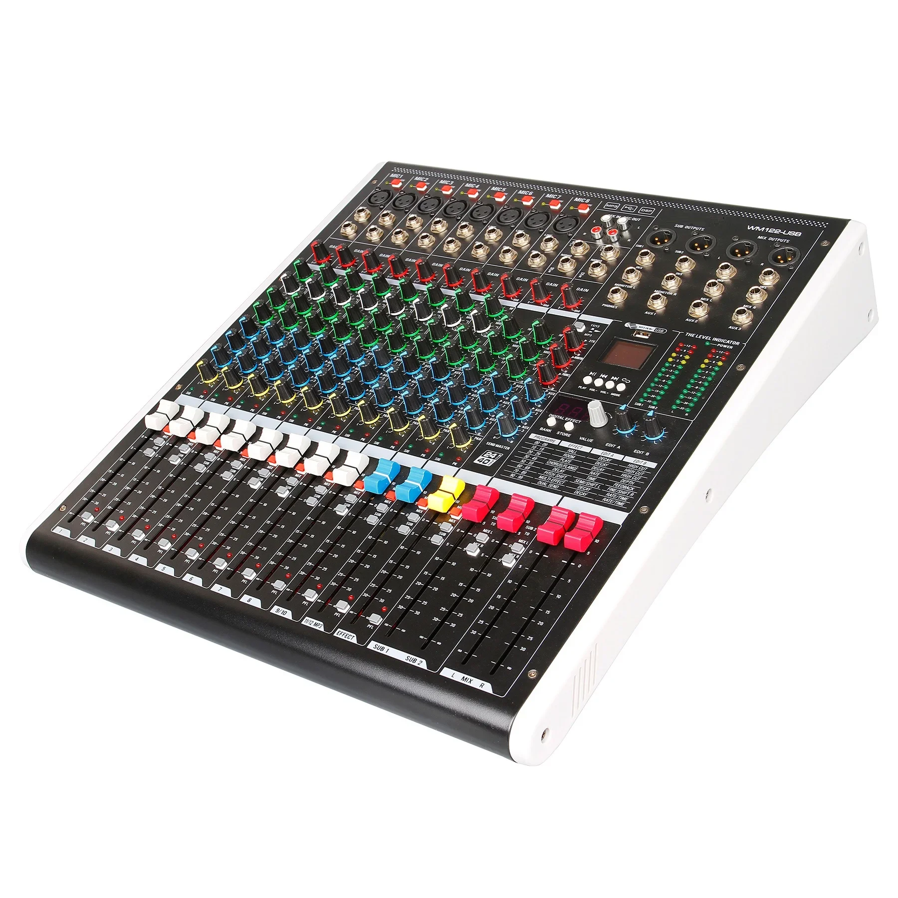 100 dsp effect processor professional digital audio mixer 12 channel for Karaoke audio Mixing system MP3 recording mixer wm122