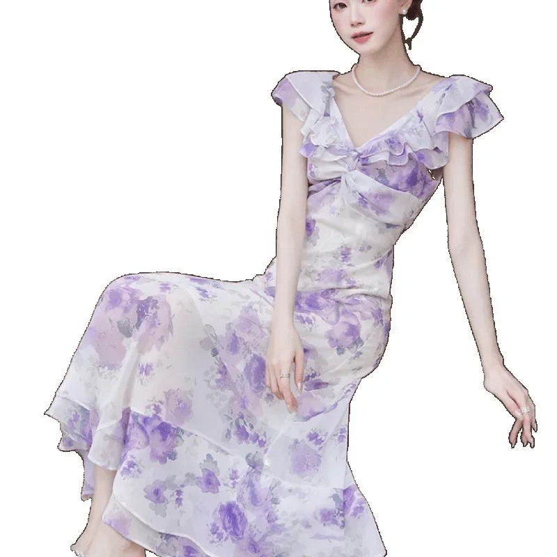 

French retro temperament, purple floral suspender dress, beautiful summer skirt